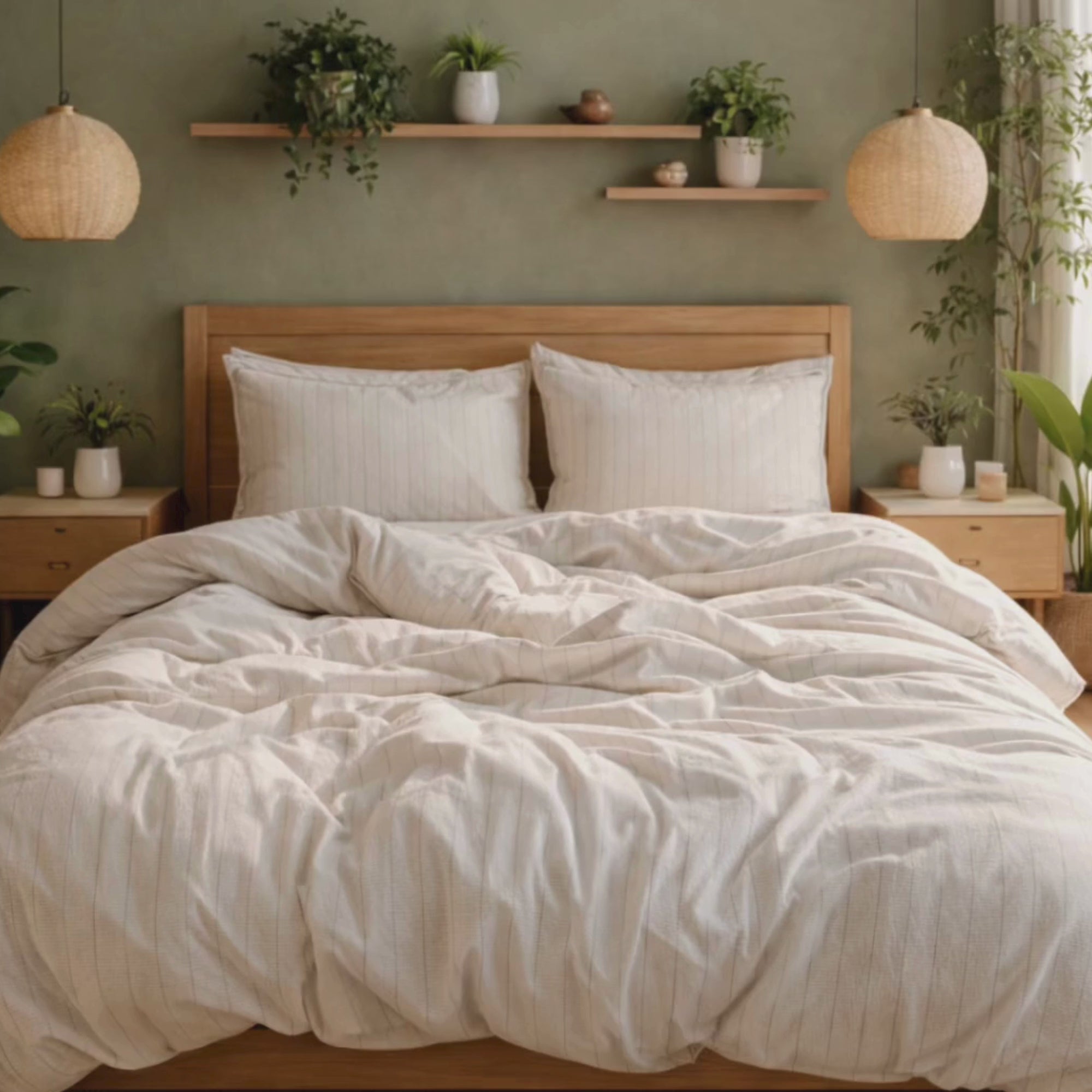 Warm Beige Striped Cotton Bedding Set/ Minimalist Pinstripe Duvet Cover Set/ Modern Neutral Bed Linen