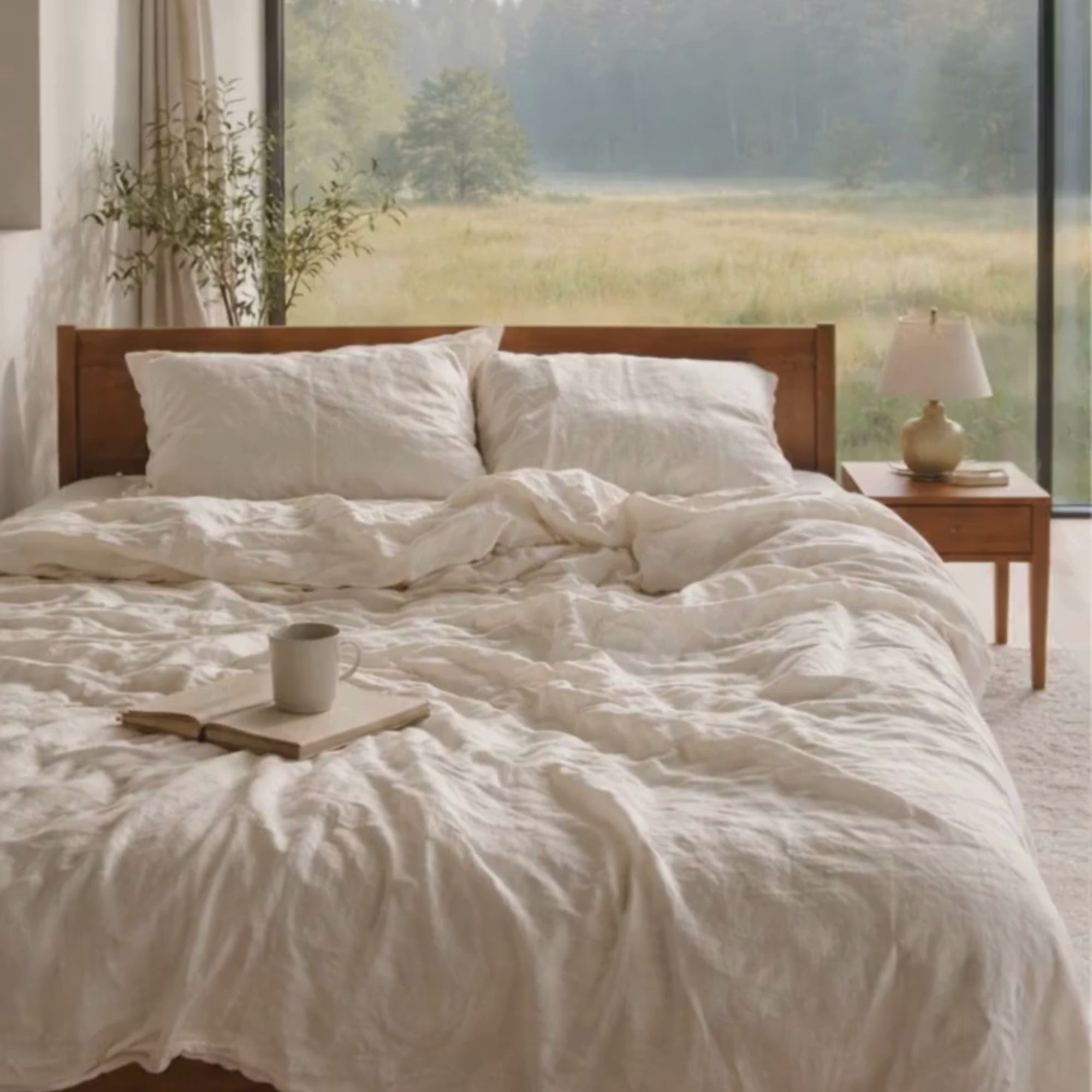 Premium Breathable French Linen Bedding Set - 4-Pice Natural Flax Duvet Cover,Flat Sheet, and Pillowcases Set