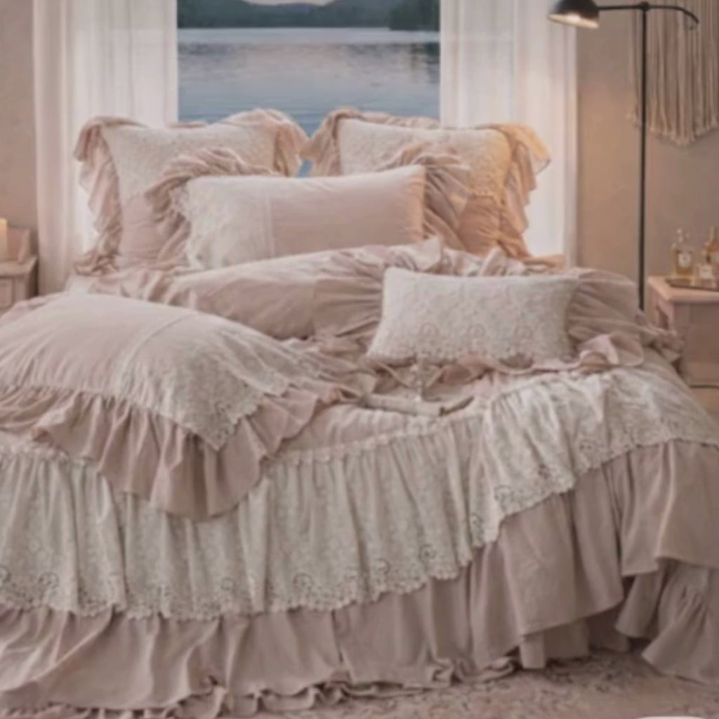 French Country Ruffled Bedding Set, Cotton Linen Beige Duvet Cover