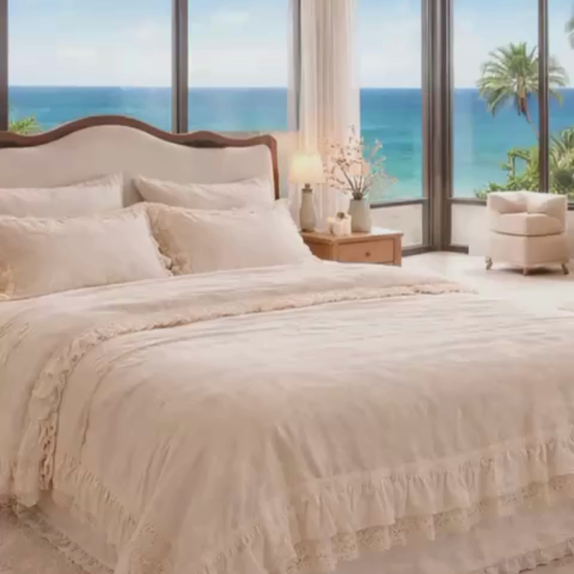 Milk Beige Cotton Linen Ruffle Bedding Set, French Farmhouse Lace Duvet Cover