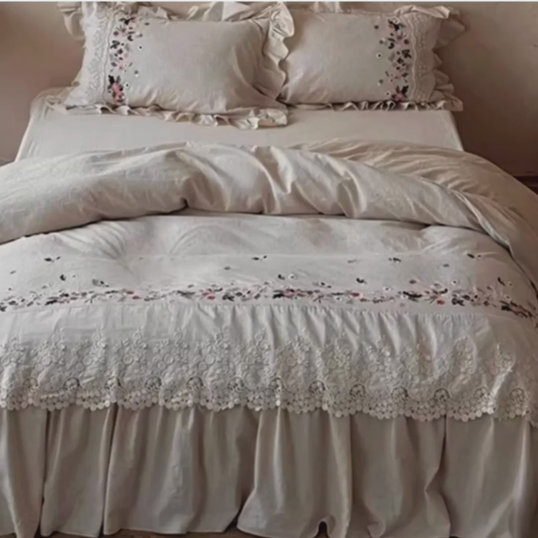 Embroidered Linen Cotton Duvet Cover Set, Vintage Lace Bedding, Floral Farmhouse Bedroom Decor