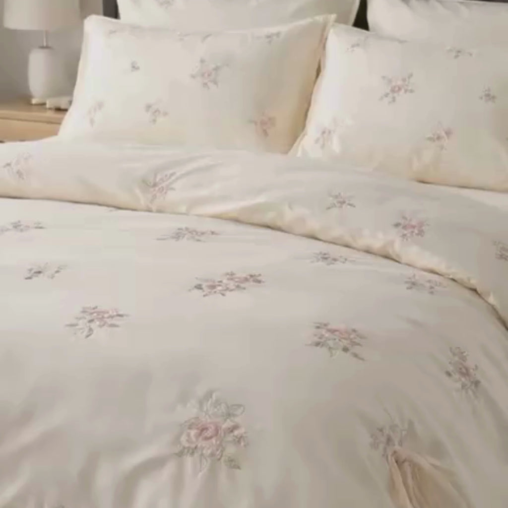 Rose Embroidery Cotton Bedding Set – Cream Floral Duvet Cover