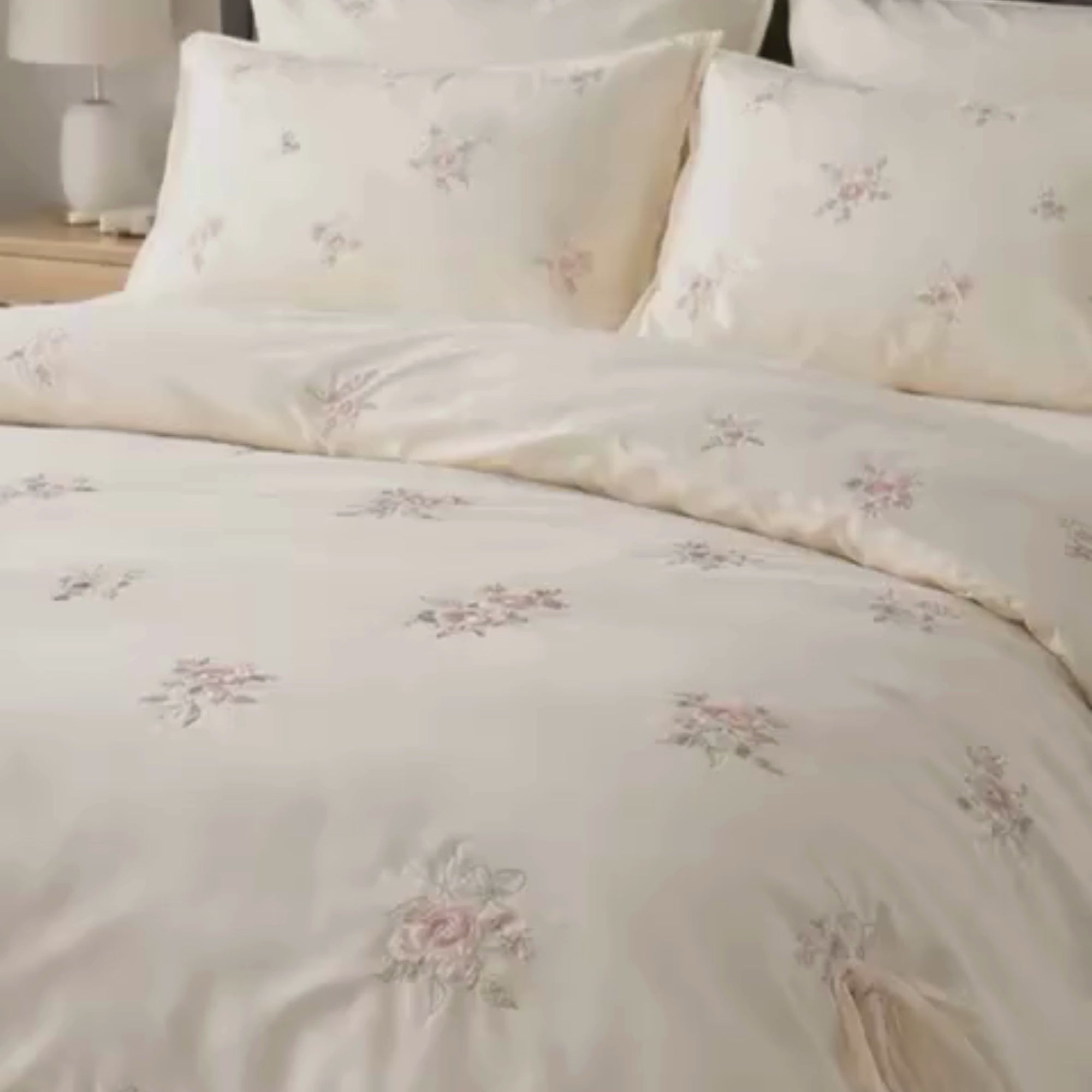 Rose Embroidery Cotton Bedding Set – Cream Floral Duvet Cover