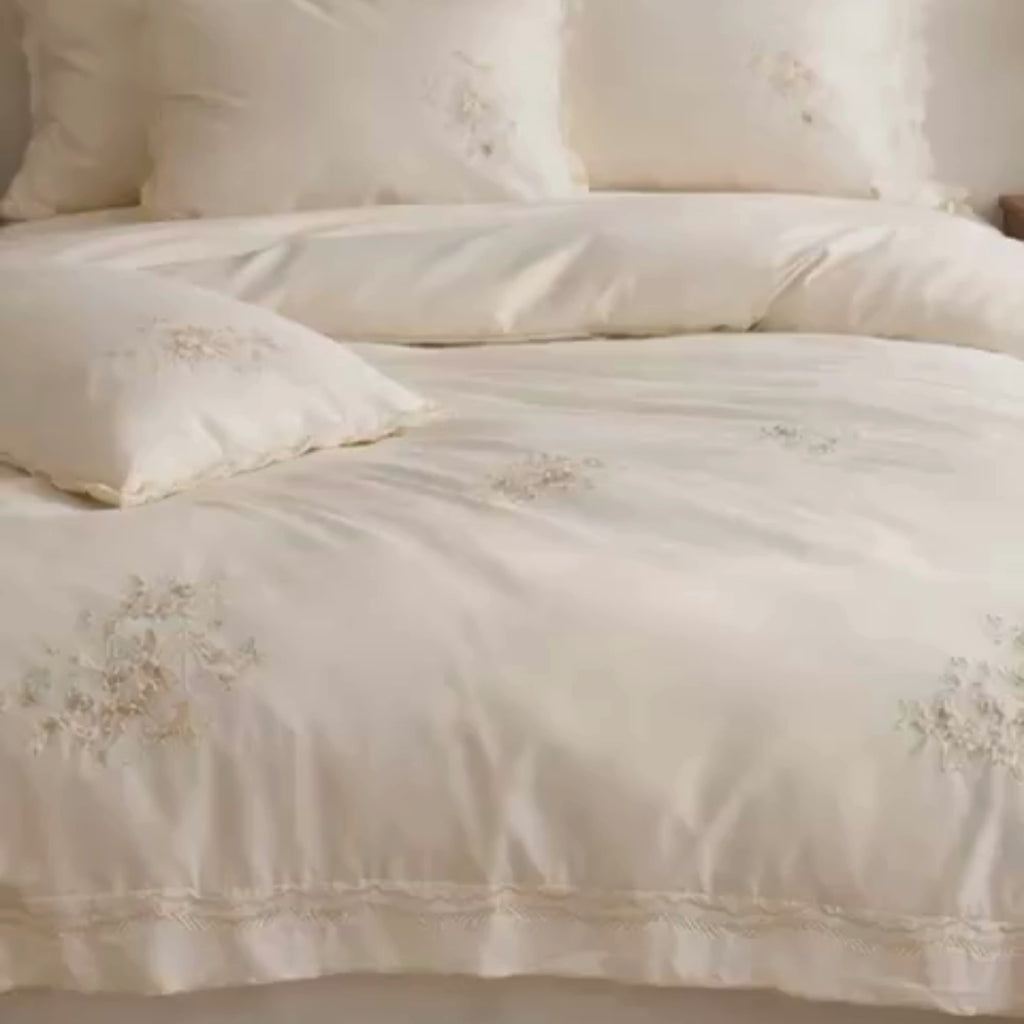Blush White Bedding Set – Embroidered Sakura Floral Duvet Cover