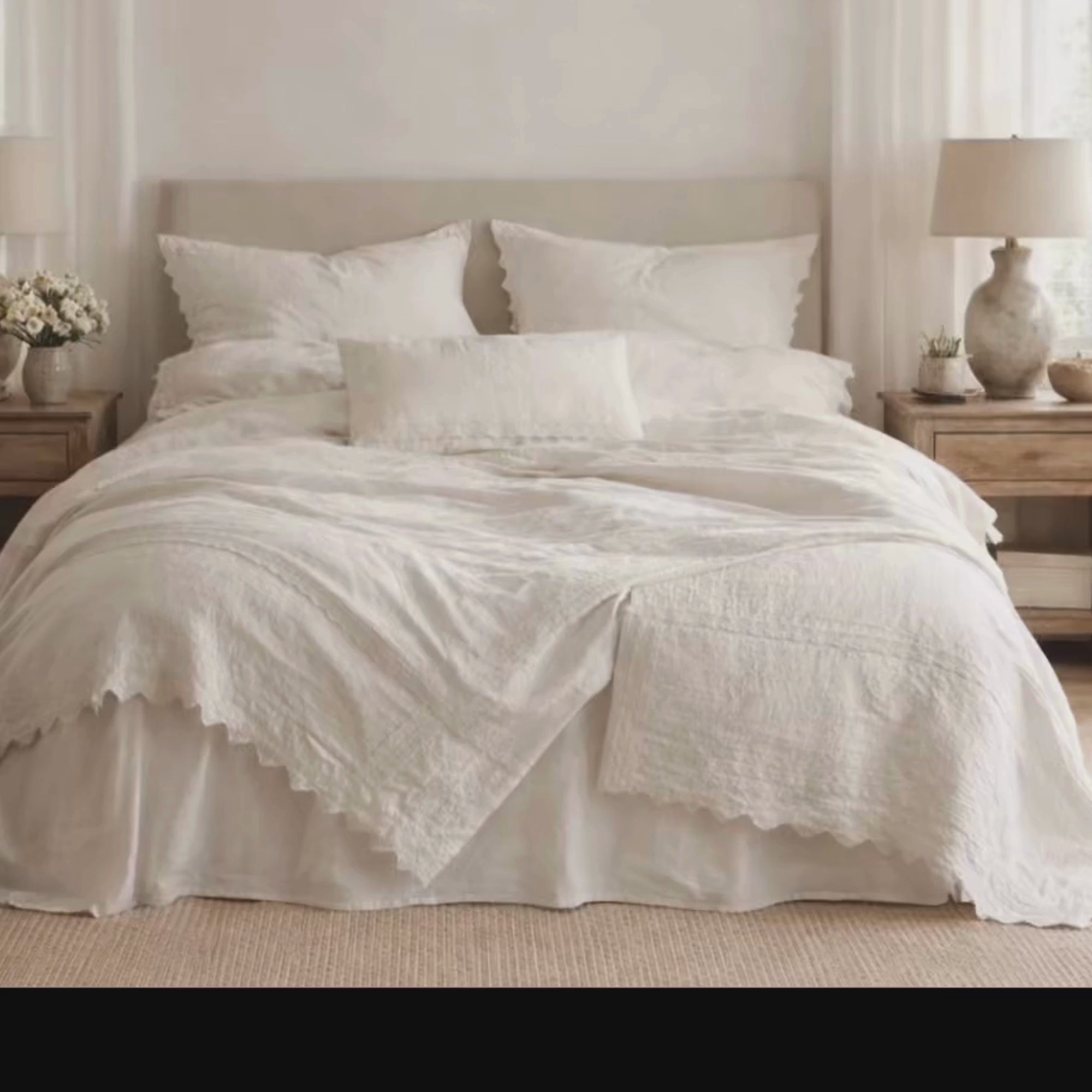 Romantic Linen  Duvet Cover Set, Ivory Minimal Bedding with Lace Trim, Soft Neutral Bedroom Decor