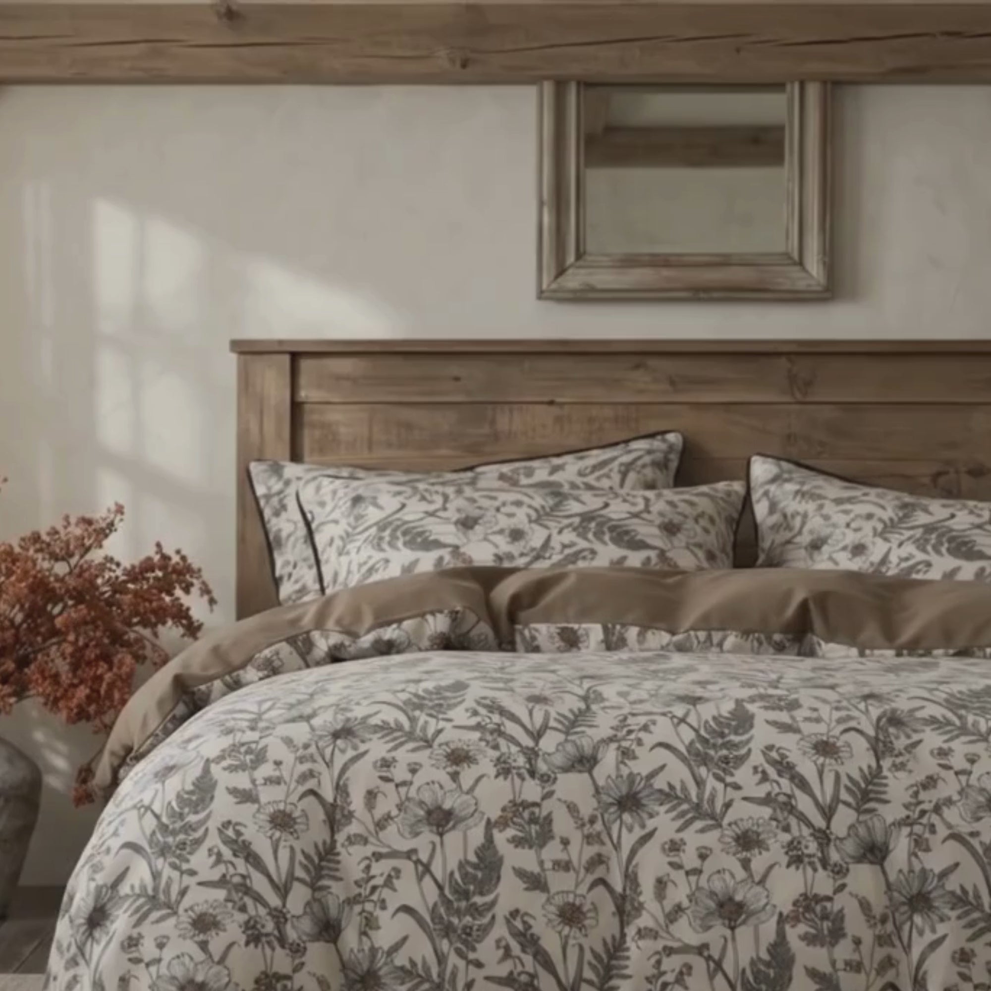 Vintage Botanical Cotton Linen Bedding Set | Cottage Floral Duvet Cover Set | Flat or Fitted Sheet